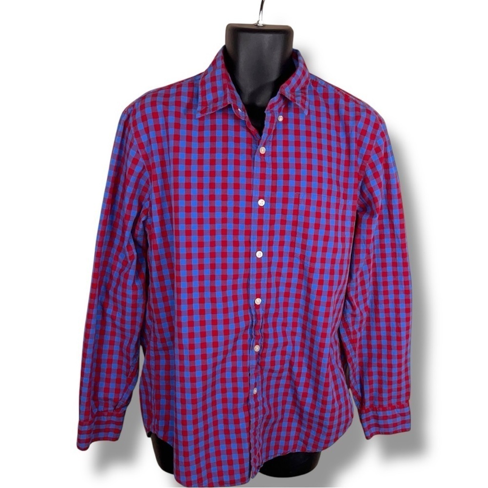 Large J Crew Mens Plaid Shirt Blue Red Cotton Button Front Long Sleeve Preppy